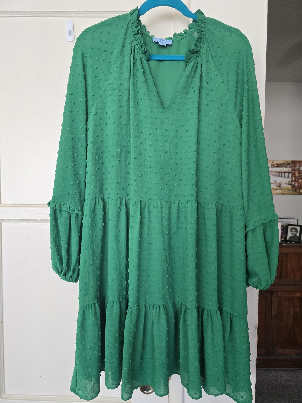 CeCe Emerald Green Swiss Dot Tiered Long-Sleeve Dress